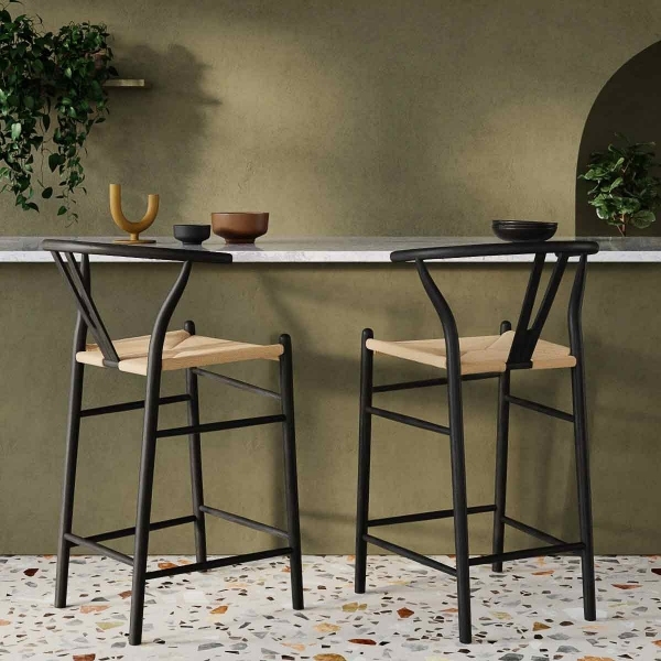 Wish Wooden Kitchen Stool, Natural Weave & Black
